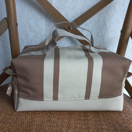 Vanity pour maquillage,lunch bag,toilette,toile rayée beige-écrue,simili cuir beige,sangle en lin,doublé,avec poche plaquée