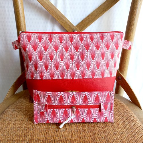 Duo de trousses tissus éventails et simili rouge,doublées tissu rouge a motifs blancs,poches plaquées,fermeture éclair avec tirette