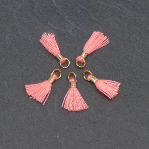 5 mini pompons rose clair fluo et métal doré
