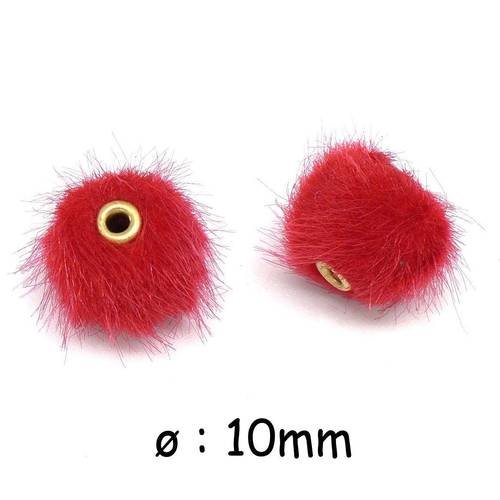 2 perles pompon ronde 10mm rouge imitation fourrure