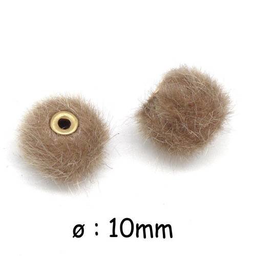 2 perles pompon ronde marron beige 10mm imitation fourrure