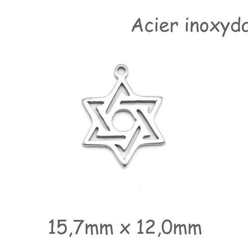 4 breloques étoile de david argenté en acier inoxydable 16mm