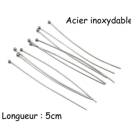 20 tiges métalliques clous à bille 5cm souple en métal argenté acier inoxydable