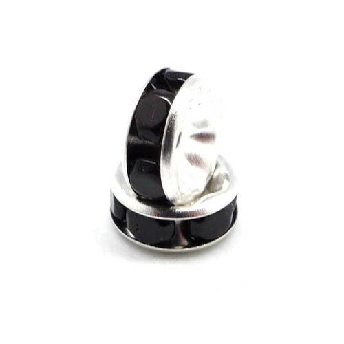 10 perles intercalaire rondelle argenté à strass noir 8mm