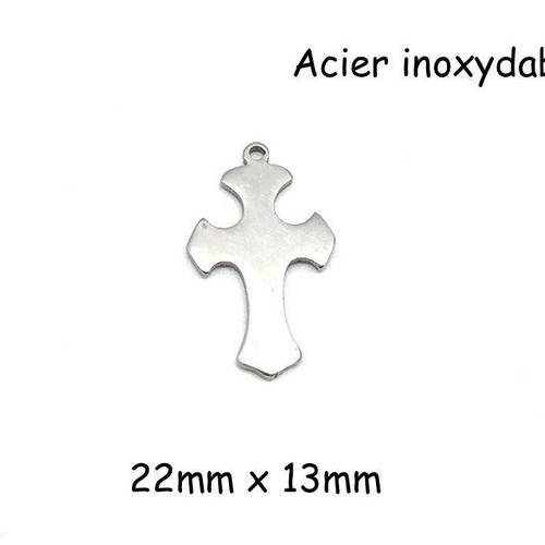 4 breloques croix en métal argenté acier inoxydable 22mm