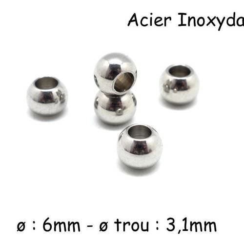 10 perles rondes en acier inoxydable argenté 6mm à gros trou