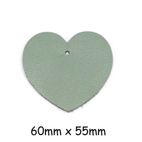 2 grand pendentif coeur en cuir vert amande souple 6cm