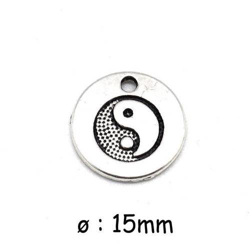5 médaillons  yin et yang  argenté en métal argenté 15mm