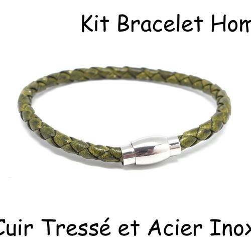 Kit bracelet homme cuir tressé vert olive et fermoir aimanté en acier inoxydable