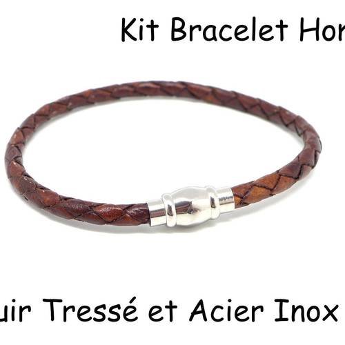 Kit bracelet homme cuir tressé marron et fermoir aimanté en acier inoxydable 5mm