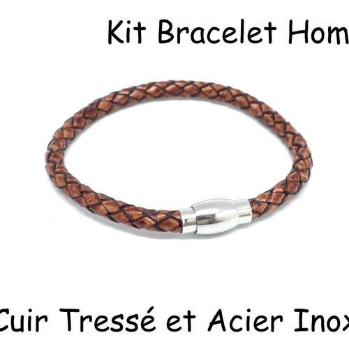 Kit bracelet homme cuir tressé marron et fermoir aimanté en acier inoxydable 6mm