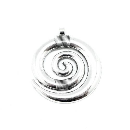 Grand pendentif rond spirale escargot en métal argenté