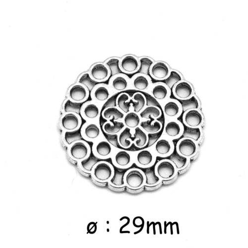 2 perles connecteurs rosace en métal argenté 29mm