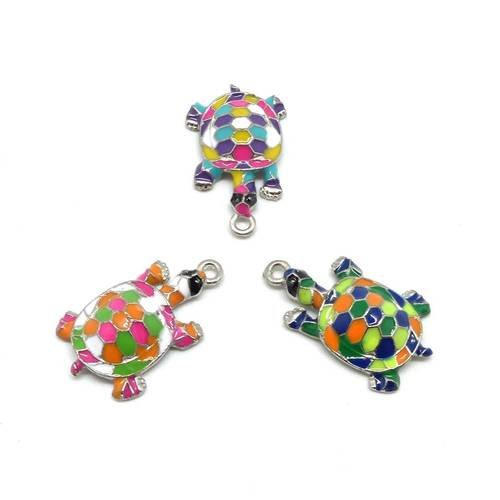 3 breloques tortue en métal argenté émaillé mosaïque de couleur rose, orange, vert, bleu