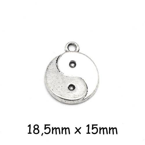 5 breloque argenté yin yang en métal 18mm sequin