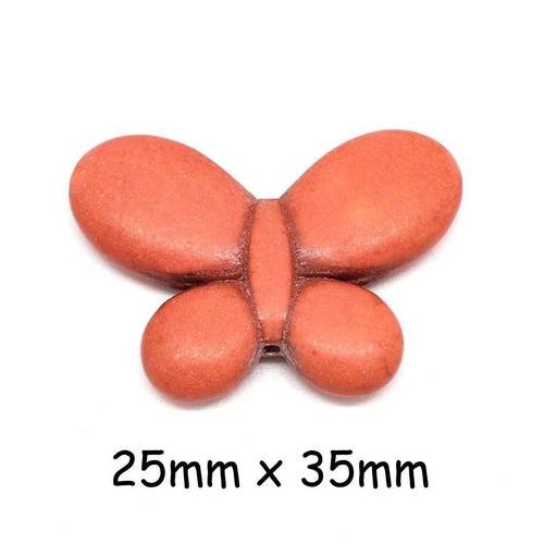 2 perles papillon en pierre synthétique imitation "howlite" orange 25mm x 35mm