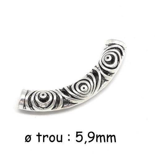 2 perle tube passant en métal argenté, incurvé à gros trou motif spirale pour cordon de 5mm