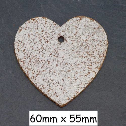 2 grand pendentif coeur en cuir effet craquelé blanc et verso marron 6cm