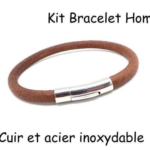 Kit bracelet homme cuir marron et fermoir acier inoxydable 6mm