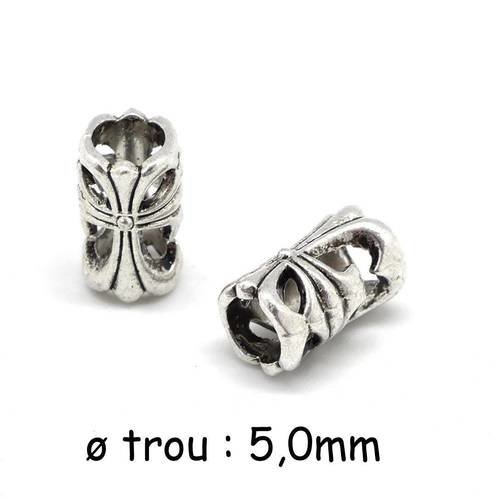 20 perles tube en métal argenté ajouré à gros trou 5mm style ethnique