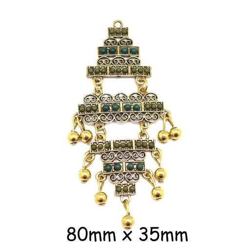 2 pendentifs bohème microbille vert foncé dégradé et métal doré 8cm