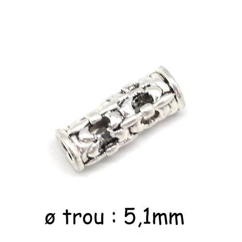5 perles tube passant en métal argenté filigrane à gros trou pour cordon cuir de 5mm