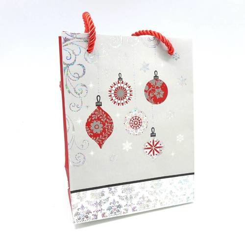 Pochette cadeaux papier cartonné glacé motif boule de nöel gris argenté, rouge et blanc
