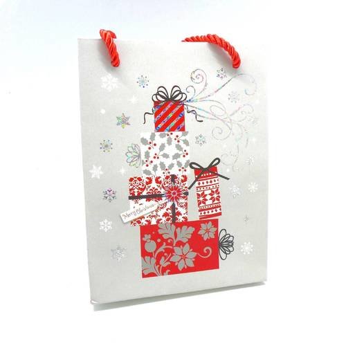 Pochette cadeaux papier cartonné glacé motif paquet cadeau nöel gris argenté, rouge et blanc