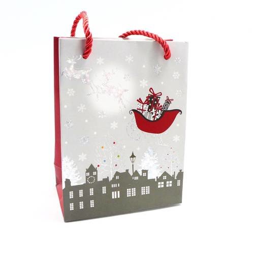 Pochette cadeaux papier cartonné glacé motif noël renne traineau gris argenté, rouge et blanc