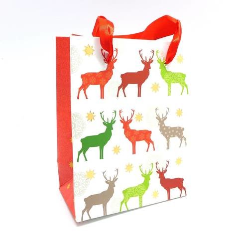 Pochette cadeaux papier cartonné glacé motif noël renne étoile sur fond blanc