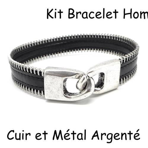 Kit bracelet homme cuir noir et fermoir crochet en métal argenté