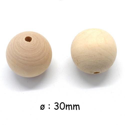 3 grosses perles en bois ronde 30mm de couleur naturel sable