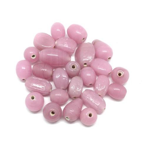 25 perles en verre assorties ovale, ronde toupie de couleur rose