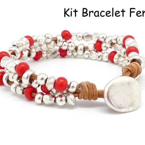 Kit bracelet cuir, perle argenté et perle rouge - bracelet mila