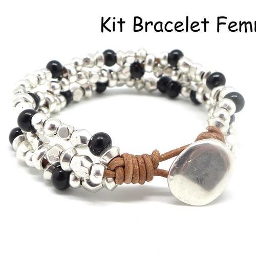 Kit bracelet femme cuir marron, perle argenté et perle noire - bracelet mila