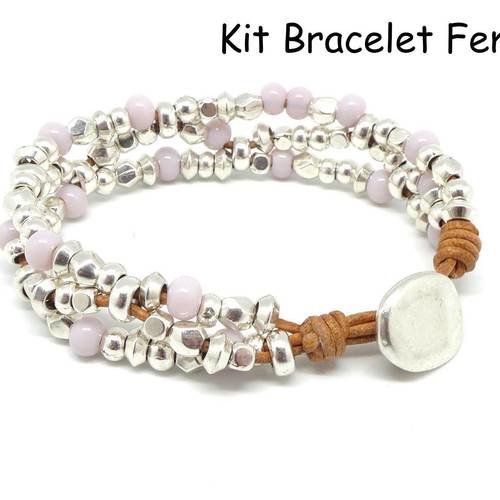Kit bijoux bracelet femme cuir, perle argenté et perle rose pastel - bracelet mila