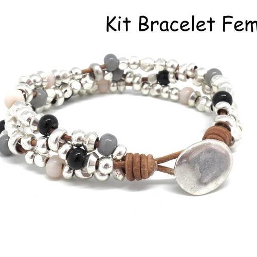 Kit bracelet en cuir, perle argenté et perle assorties noir, blanc crème et gris