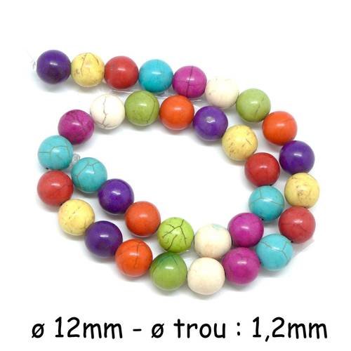 32 perles ronde 12mm imitation "howlite" multicolore