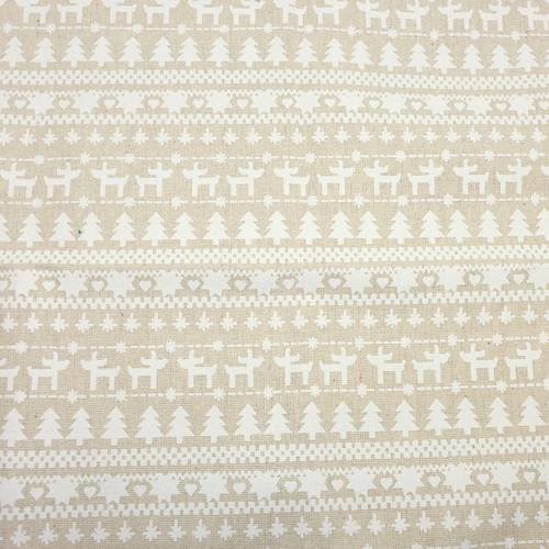 Coupon tissus motif neige, sapin, cerf blanc sur fond beige écru 70cm x 90cm