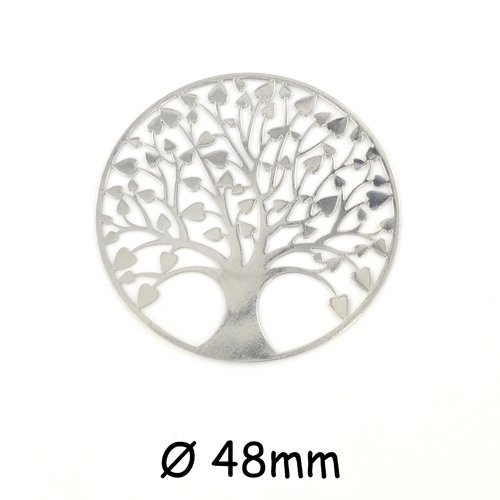 2 grands pendentifs en métal argenté arbre de vie coeur en filigrane rond fin 48mm