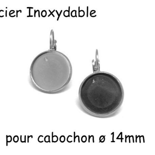 1 paire boucles d'oreilles dormeuse argenté pour cabochon de 14mm en acier inoxydable  - 1 paire