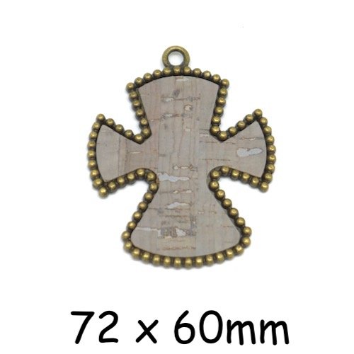 Grand pendentif croix bronze et gris en métal avec liège
