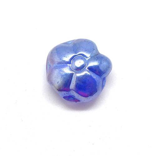5 perles fleur en verre de couleur bleu azur irisé bleu doré effet rainbow 