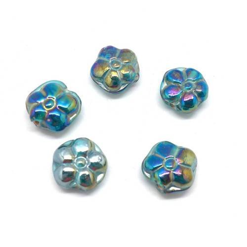 5 perles fleur en verre de couleur vert bouteille irisé bleu doré effet rainbow 