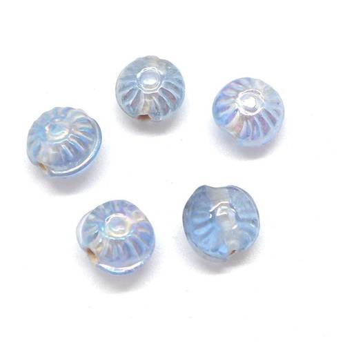 25 perles fleur soleil ronde en verre de couleur bleu clair irisé rainbow 8,5mm