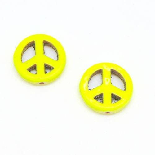 5 perles peace and love 15mm imitation turquoise style "howlite" jaune fluo 