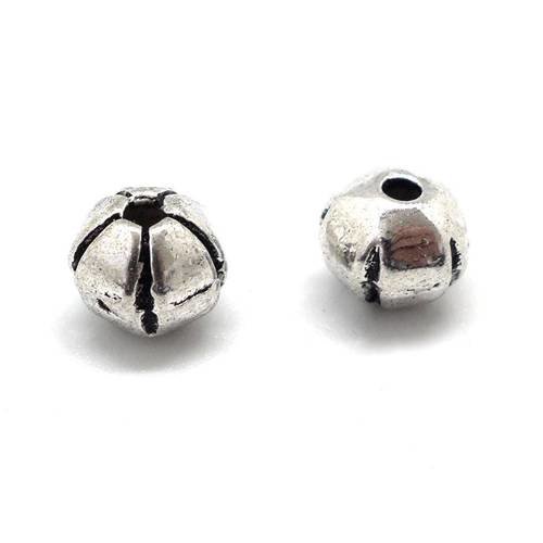 20 perles ronde en métal argenté  strié 6,5mm toupie 