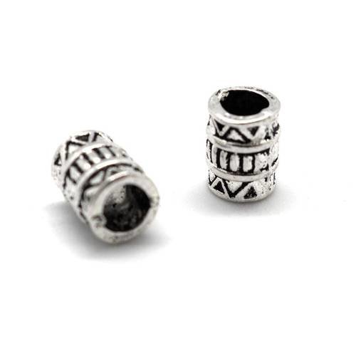 20 perles tube en métal argenté travaillé à gros trou 3,6mm style ethnique aztèque