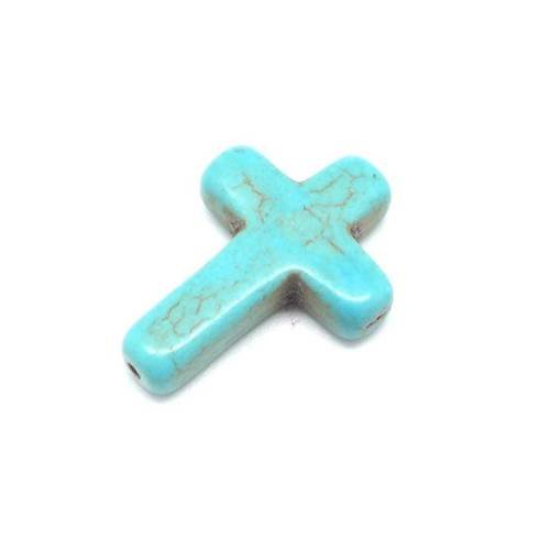 3 perles croix en pierre synthétique imitation turquoise "howlite" bleu turquoise 25mm x 18mm 