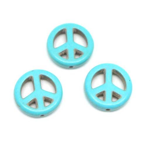 5 perles peace and love 15mm en pierre synthétique imitation turquoise "howlite" bleu turquoise
